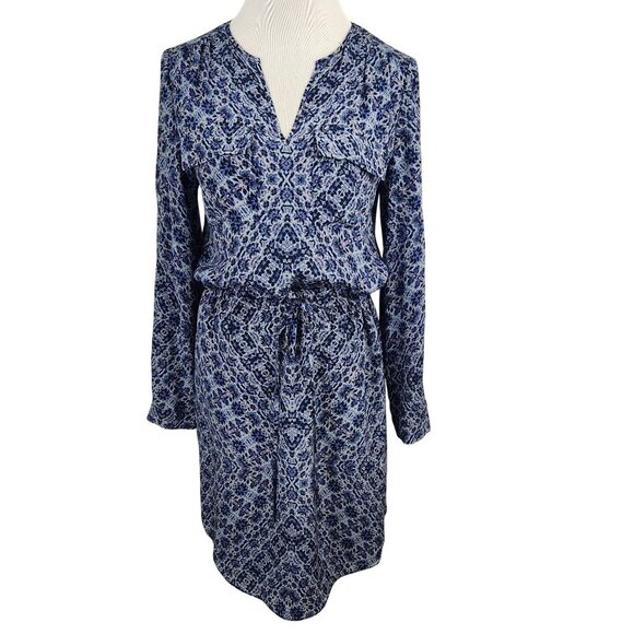 Rebecca Taylor Dress Women's 0 Silk V Neck Long Sleeve Mini Blue Floral Pockets - Picture 3 of 15